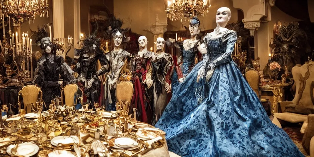 Image similar to photo taken of an epic intricate, ultra detailed, super realistic stop motion puppets of a majestic gracious regal aristocratic vampires in an indoor banquet hall filmset created by weta workshop directed by tim burton, menacing, wide angle, moody full body shot, photorealistic, sharp focus, gloomy, extremely cold blueish colour temperature, 3 5 mm, f 1. 4