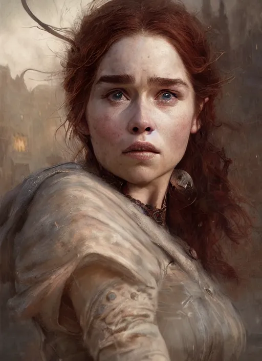 Image similar to short muscular redheaded woman wearing realistic medieval armour, young emilia clarke face paint, detailed by gaston bussiere, bayard wu, greg rutkowski, giger, maxim verehin, greg rutkowski, masterpiece, sharp focus, cinematic lightning