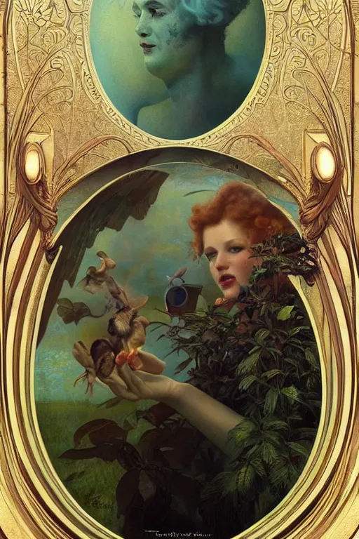 Image similar to young bill murray explaining the birds and the bees by Tom Bagshaw in the style of a modern Gaston Bussière, art nouveau, art deco, surrealism. Extremely lush detail. Melancholic scene. Perfect composition and lighting. Profoundly surreal. High-contrast lush surrealistic photorealism. mischievous expression on his face.