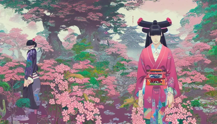 Prompt: a digital painting of a magical japanese temple with a woman wearing gucci exploring, lush plants and flowers, eco - cyberpunk art by james jean, cgsociety, retrofuturism, anime aesthetic, chromatic, iridescent, uhd