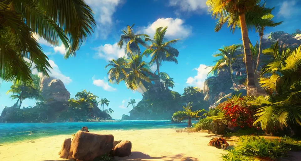 Image similar to An epic fantasy style painting of a sunny tropical paradise, unreal 5, DAZ, hyperrealistic, octane render, volumetric clouds dynamic lighting