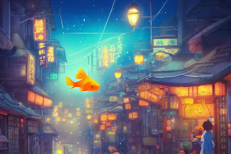 Prompt: fantasy art of glowing goldfish swimming in the air, in the streets of a japanese town at night, with people watching in wonder, by studio ghibli and makoto shinkai, highly detailed digital art, trending on artstation