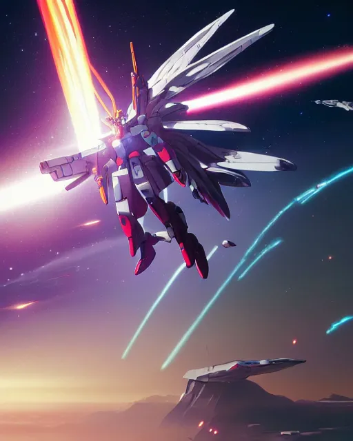 Image similar to highly detailed vfx portrait of a gundam with wings of feathers beam saber fighting in space with a beam gun, unreal engine, greg rutkowski, loish, rhads, beeple, makoto shinkai and lois van baarle, ilya kuvshinov, rossdraws, tom bagshaw, alphonse mucha, global illumination, detailed and intricate environment