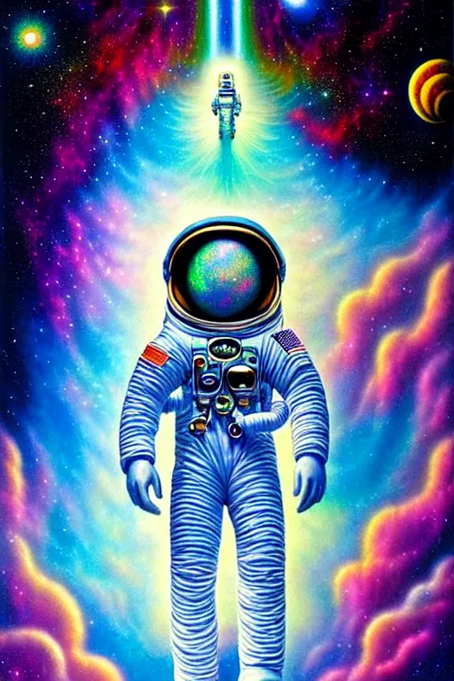 Prompt: a photorealistic detailed image of a beautiful vibrant iridescent astronaut made from clouds, spiritual science, divinity, utopian, by david a. hardy, hana yata, kinkade, lisa frank,