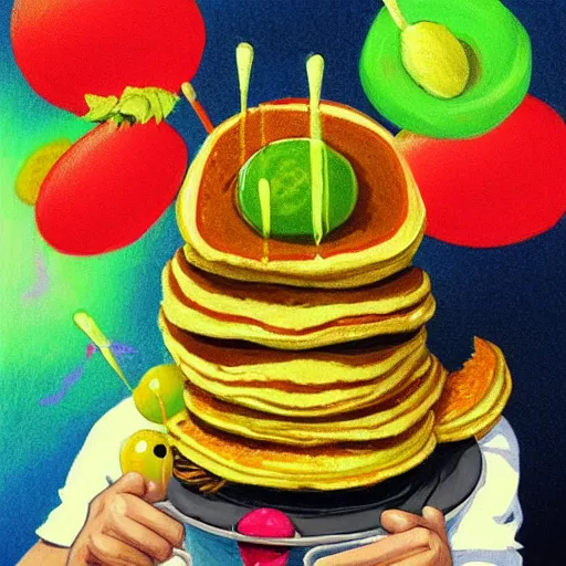 Image similar to a tennis ball monsters eating pancakes, breakfast, digital art, fantasy, magic, chalk, trending on artstation, ultra detailed, professional illustration by basil gogos