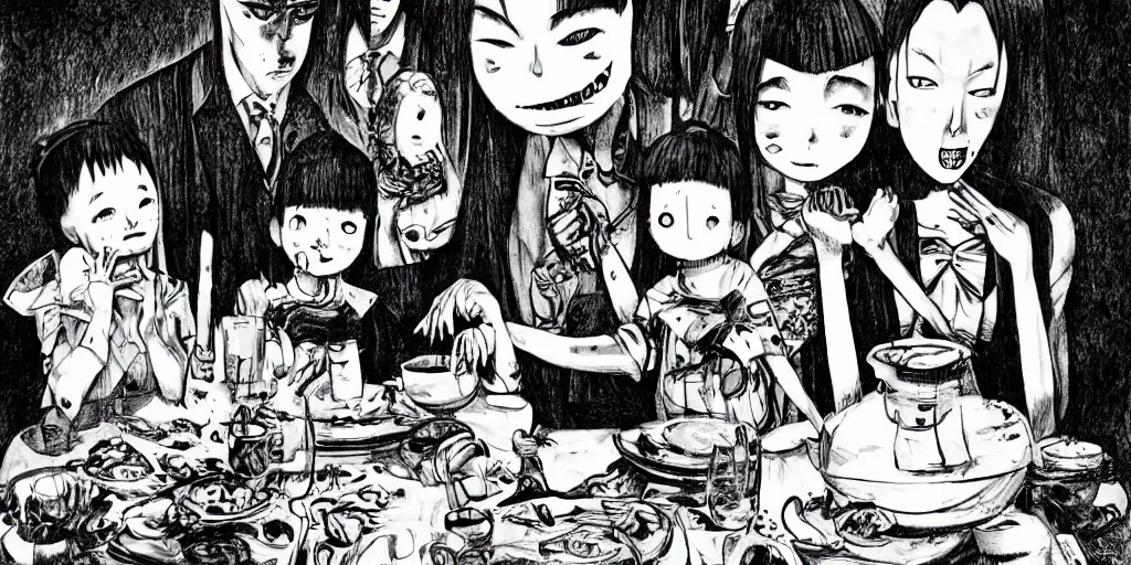 Image similar to A happy family eating dinner, horror, creepy, dark, manga, pencil, inspired by junji ito, superior quality, masterpiece