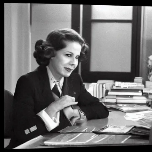 Prompt: Pam from the office, in WWII at her reception desk