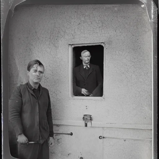 Image similar to san francisco, strawberry hill, post - nuclear city in background, man standing in front of bunker door, tintype photograph