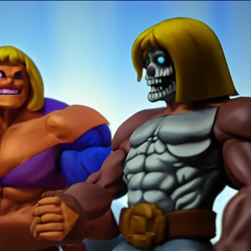 Prompt: He Man dancing with Skeletor, cinematic lighting, photorealistic