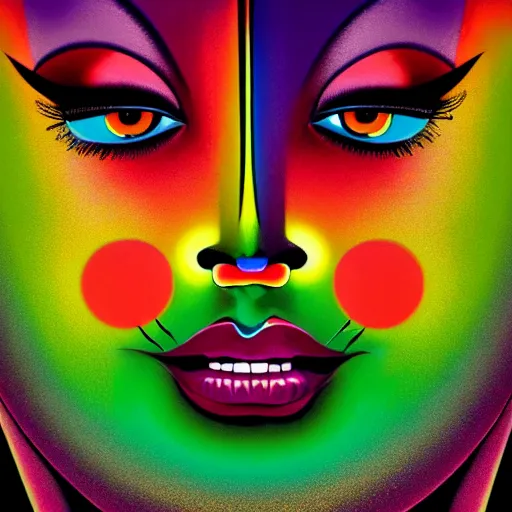 Image similar to closeup portrait of a black woman with yellow eyes and a rainbow background, digital art by tomokazu matsuyama, by ed paschke, by agnes pelton, by patrick nagel, behance contest winner, generative art, irridescent, holography, neon, dark art, retrowave, grain, androgynous, black background