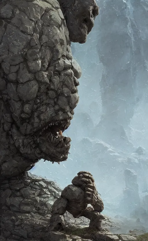 Image similar to a stone golem eating a big rock, greg rutkowski, 8 k, shallow depth of field, intricate detail, concept art,