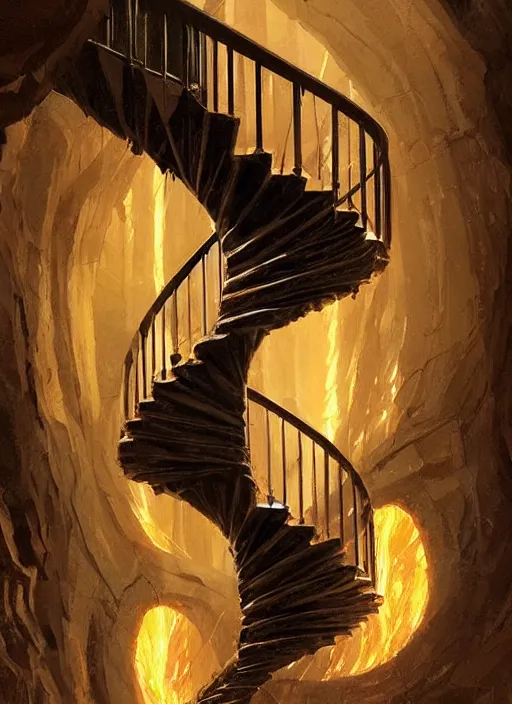 Image similar to spiral staircase leading to a river of lava pouring out of my eyes, masterpiece, amazingly rendered, subtle glows, balanced, painted by greg rutkowski, wlop, artgerm, japanese influence,