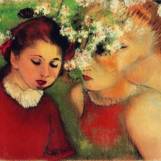 Image similar to girl, in flowers, red lipstick on her face, looks ember heard , Edgar Degas style