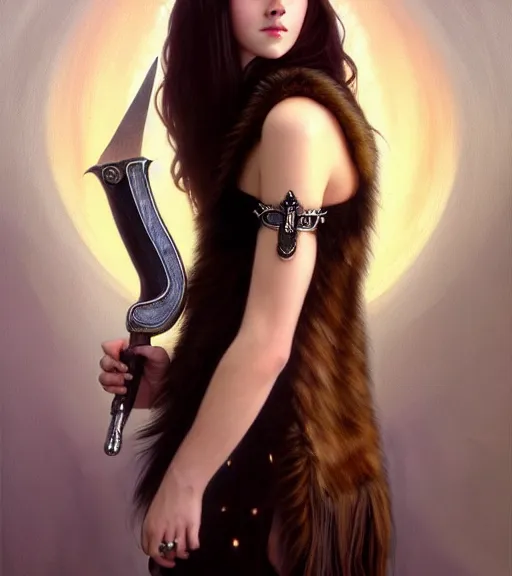 Image similar to portrait of teenage athena holding a dagger, stern expression, long ivory hair, wearing clothing of leather and fur, fringe, bone jewelry, intricate, elegant, leather jewelry, glowing lights, highly detailed, digital painting, artstation, concept art, smooth, sharp focus, illustration, art by wlop, mucha, artgerm, and greg rutkowski