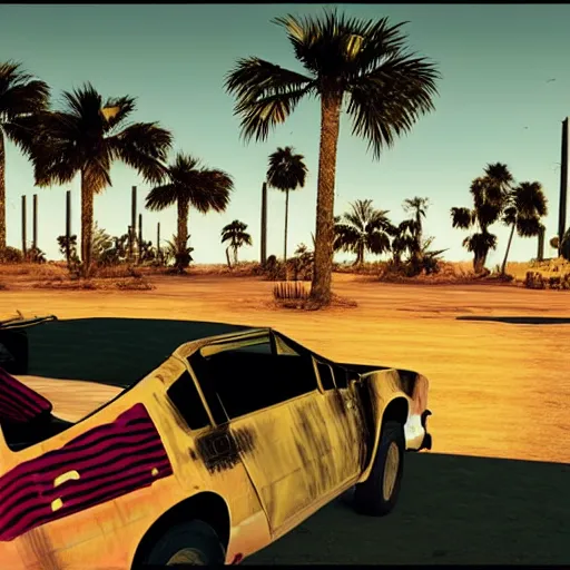 Image similar to wasteland hotline miami desert apocalypse car wasteland war destroyed wide shot landscape nuke fire craters end of the world miami beach sunset palm trees 80s delorean unreal engine dark style