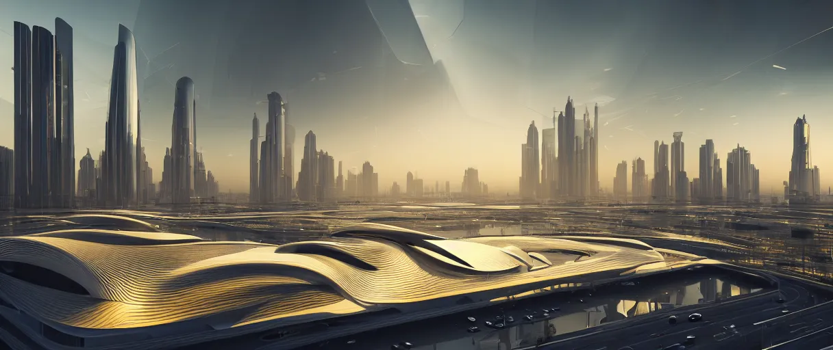 Prompt: modern beautiful Saha Hadid building with lots of glass and cured surfaces, hypermaximalistic, high details, cinematic, 8k resolution, beautifully detailed, insanely intricate details, artstation trending, octane render, unreal engine, bright lit interiors, warm yellow lights, golden hour, city background in silhouette,