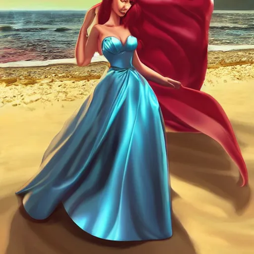 Image similar to beautiful princess in a satin dress on the beach drawn by artgerm