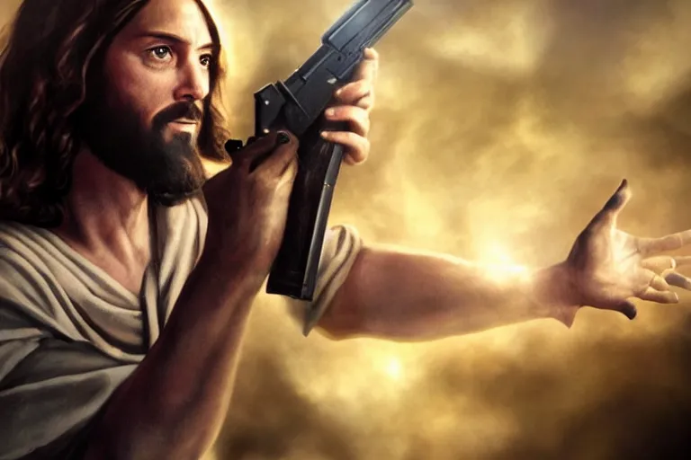 Image similar to real life photo of Jesus Christ holding a pistol shooting the devil satan lucifer of hell, 8k, hyperrealistic, very detailed, clean, professional photography, epic composition, side profile, high contrast, upscaled, god rays