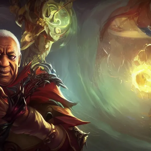 Image similar to portrait of bill cosby as a spellcaster, league of legends amazing splashscreen artwork, legends of runeterra, splash art, natural light, elegant, photorealistic facial features, intricate, fantasy, detailed face, atmospheric lighting, anamorphic lens flare, cinematic lighting, league of legends splash art, hd wallpaper, ultra high details by greg rutkowski