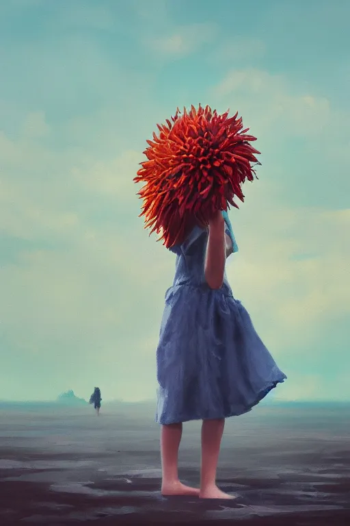 Image similar to closeup huge dahlia flower head, girl standing on beach, surreal photography, blue sky, sunrise, dramatic light, impressionist painting, digital painting, artstation, simon stalenhag