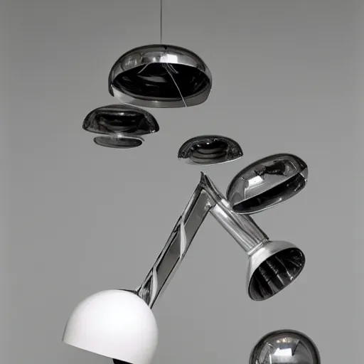 Image similar to an abstract object floating in space made out of porsche parts on a light grey background erwin wurm