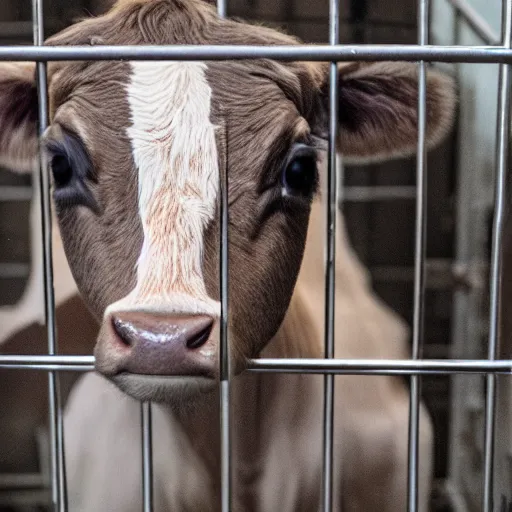 Prompt: calf inside a cage looking a bottle of milk