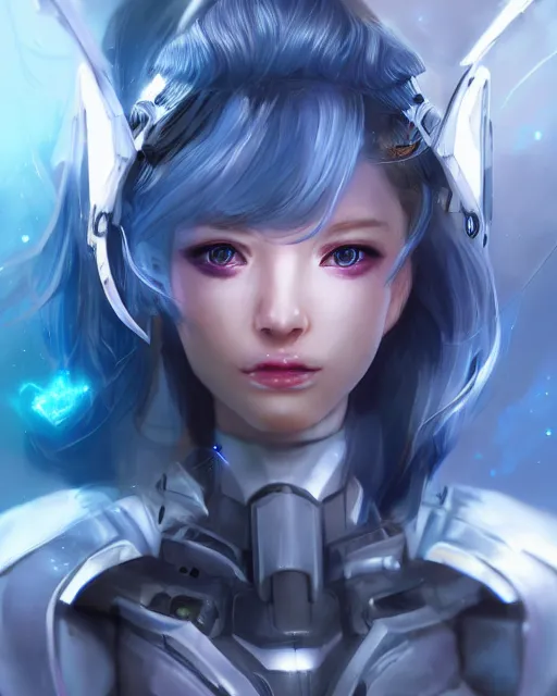 Image similar to perfect android girl, warframe armor, beautiful face, scifi, futuristic, galaxy, nebula, bae suzy, dreamy, long white hair, blue cyborg eyes, cinematic lighting, highly detailed, very cute, focused, artstation, divine, by gauthier leblanc, kazuya takahashi, huifeng huang, jama jurabaev