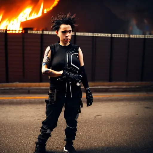 Image similar to Candid extreme wide shot of a poor techwear mixed woman with short hair and tattoos outside of a futuristic Los Angeles on fire, cyberpunk, 4k, extreme long shot, desaturated, full shot, action shot, motion blur, depth of field, sigma 85mm f/1.4, high resolution, 4k, 8k, hd, full color, award winning photography, war photography