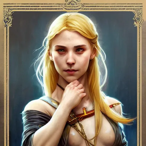 Prompt: an epic fantasy comic book style portrait painting of a young blonde girl thief, d & d, fantasy, joyful smirk, intricate, elegant, highly detailed, digital painting, artstation, concept art, matte, sharp focus, illustration, art by artgerm and greg rutkowski and alphonse mucha