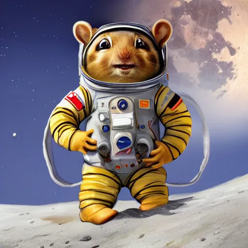 Image similar to an adorable chipmunk in a chimpunk astronaut suit on the moon, digital painting, detailed, trending on artstation, in the style of dominik mayer, thomas dubois, gaston bussiere, 8 k, octane render