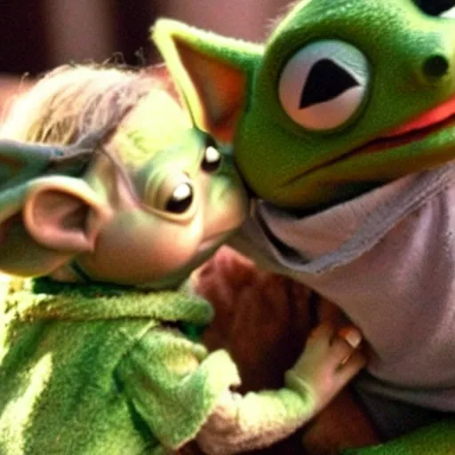 Prompt: baby yoda trying to eat kermit the frog,