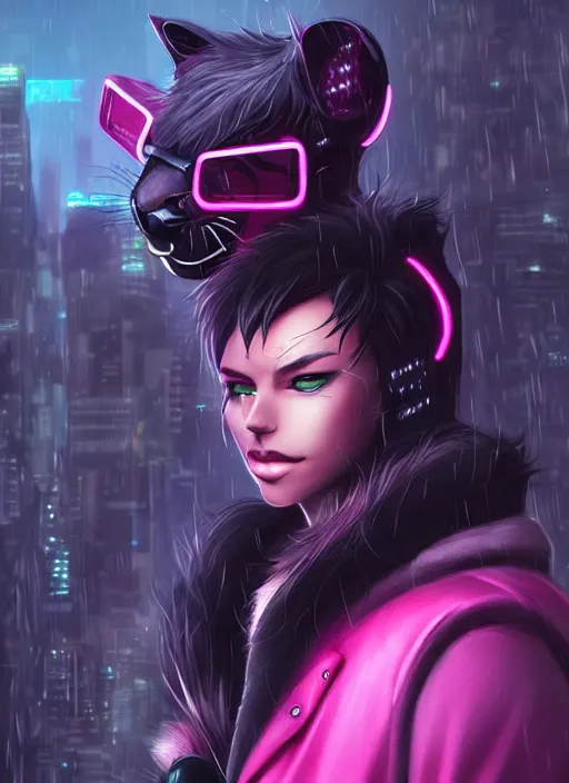 Prompt: award winning beautiful portrait commission of a male furry anthro puma fursona with a tail and a cute beautiful attractive detailed furry face wearing stylish black and pink cyberpunk clothes in a cyberpunk city at night while it rains. Character design by charlie bowater, ross tran, artgerm, and makoto shinkai, detailed, inked, western comic book art