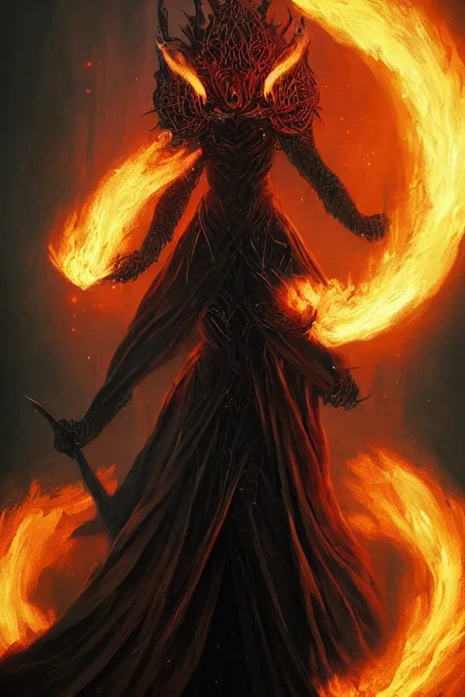 Image similar to Black Orb of Fire, digital art, fantasy, magic, trending on artstation, illustration by Seb McKinnon and Peter Mohrbacher, ultra detailed, atmospheric, powerful presence, bossfight, darksouls, grand finale, explosive entrance, final battle, cutscene, cinematic lighting, beautiful goddess, unleashing the power of the flame