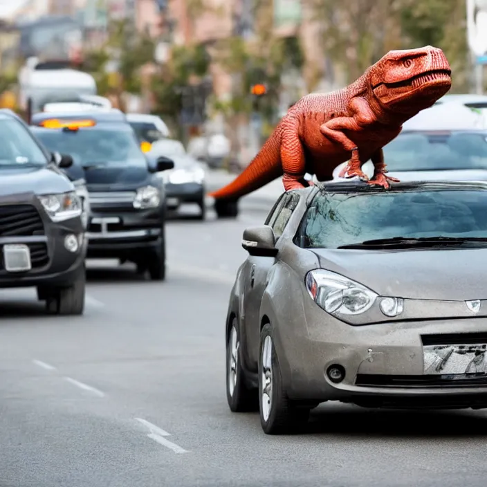 Prompt: t-rex driving a very small car in heavy traffic view