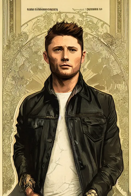 Image similar to a detailed matte portrait of an jensen ackles dressed dean in the gilmore girls, masterpiece, 8 k, art by alphonse mucha and greg rutkowski