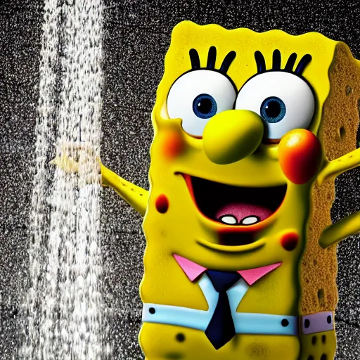 Prompt: spongebob standing in large shower, 4 k realistic photo