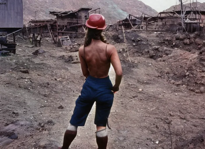 Image similar to 90's professional color photograph, A Muscular miner woman, view from behind.