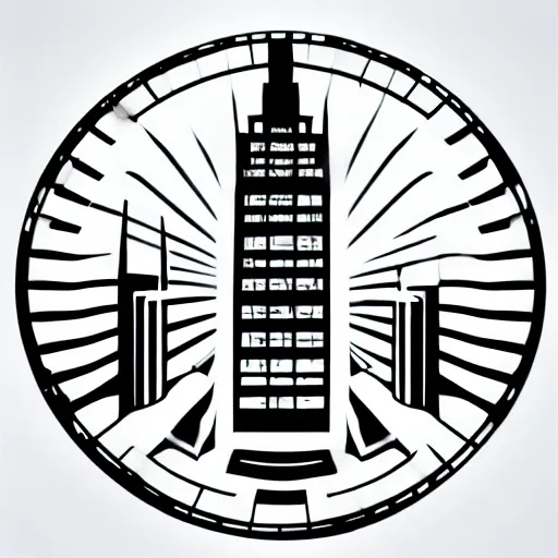 Image similar to a perfect circle, the outer edge of the circle is hugged by the silhouette of a city skyline, black and white, minimalist, in the style of a line drawing