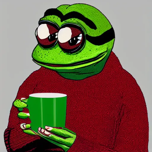 Image similar to A Smug Pepe the Frog wearing a sweater and drinking out of a shiny coffee mug, detailed, very detailed, heavily detailed, HD Quality, 4k Resolution, 8k Resolution, Epic, Awesome, Detailed Face, Very Detailed Face