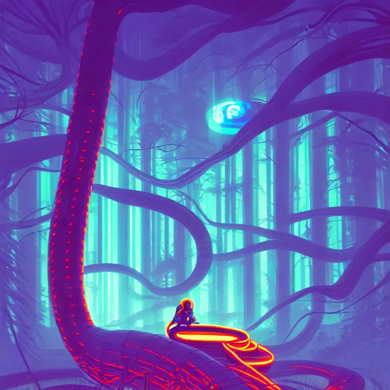 Prompt: illustration of a futuristic astronaut in a neon forest, Giant snake, highly detailed, by James Gilleard and Bruce Pennington