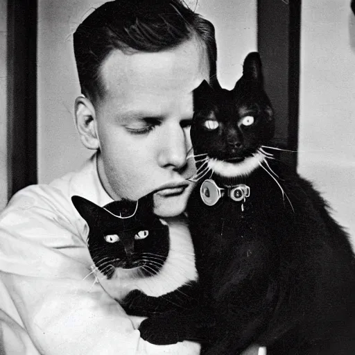 Image similar to futuristic time traveller with cat companion on his shoulder, in 1 9 3 0 s new york, shot on old film, black and white