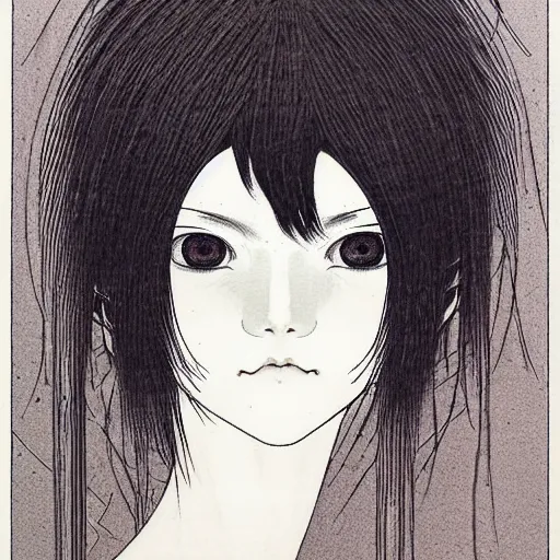 Image similar to prompt: Fragile looking soft light portrait face drawn by Takato Yamamoto and Katsuhiro Otomo, inspired by Ghost in Shell anime, magical and alchemical objects on the side, soft light, monochrome background, intricate detail, intricate ink painting detail, sharp high detail, manga and anime 2000