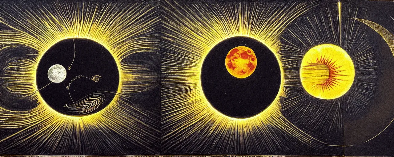 Image similar to the sun radiates a unique canto'as above so below'to the moon, while being ignited by the spirit of haeckel and robert fludd, breakthrough is iminent, glory be to the magic within, in honor of saturn, painted by ronny khalil