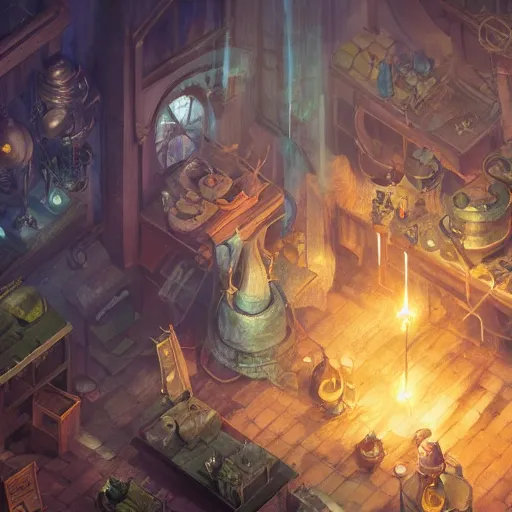 Image similar to an alchemist fantasy lab, potions, stills, complex devices, concept art illustration, color page, tone mapping, akihiko yoshida, james jean, andrei riabovitchev, marc simonetti, digital illustration, greg rutowski, volumetric lighting, sunbeams, particles