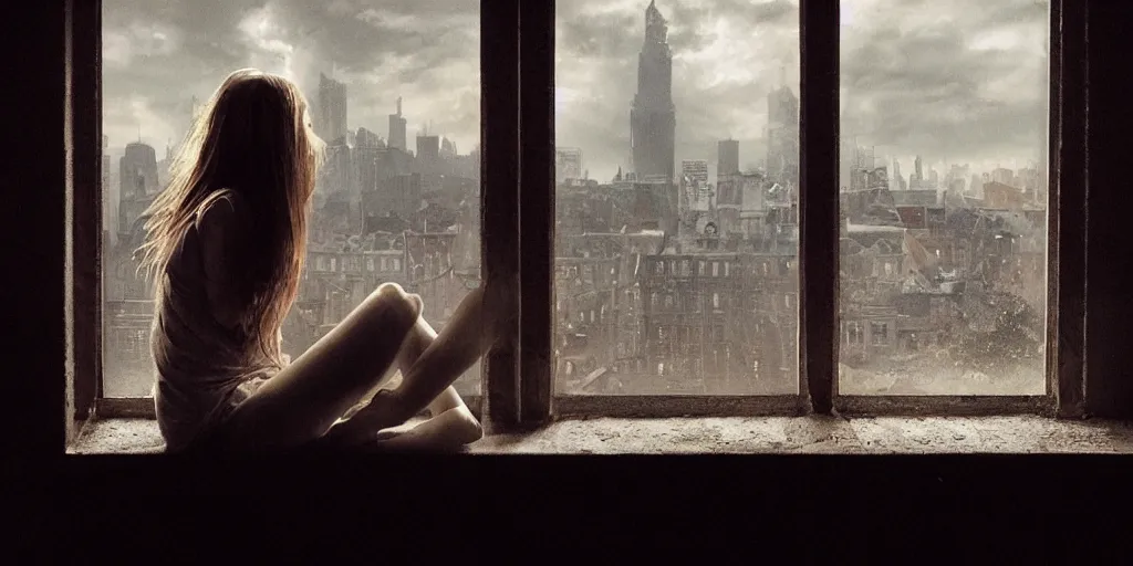 Prompt: the girl on a windowsill, hyper realistic, hyper detailed, epic lighting, cinematic