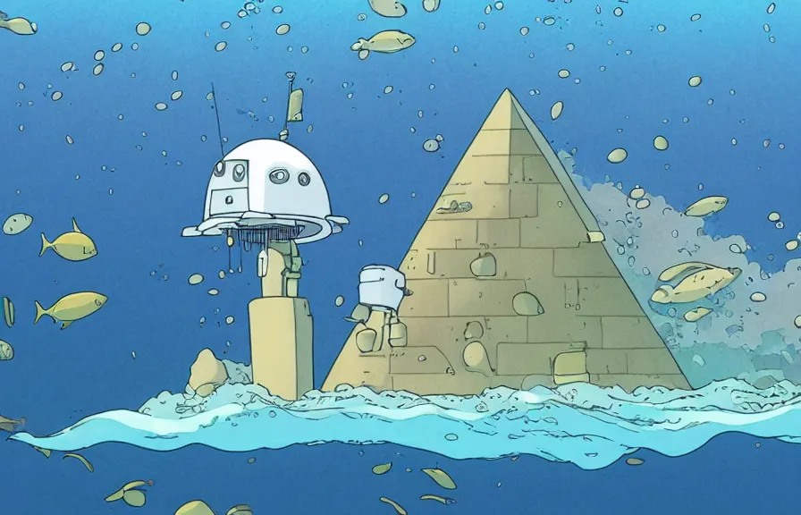 Prompt: a realistic studio ghibli cell shaded cartoon showing an underwater submarine. in the background is a white pyramid with a gold capstone underwater at the bottom of the sea. wide shot, very dull muted colors, hd, 4 k, hq