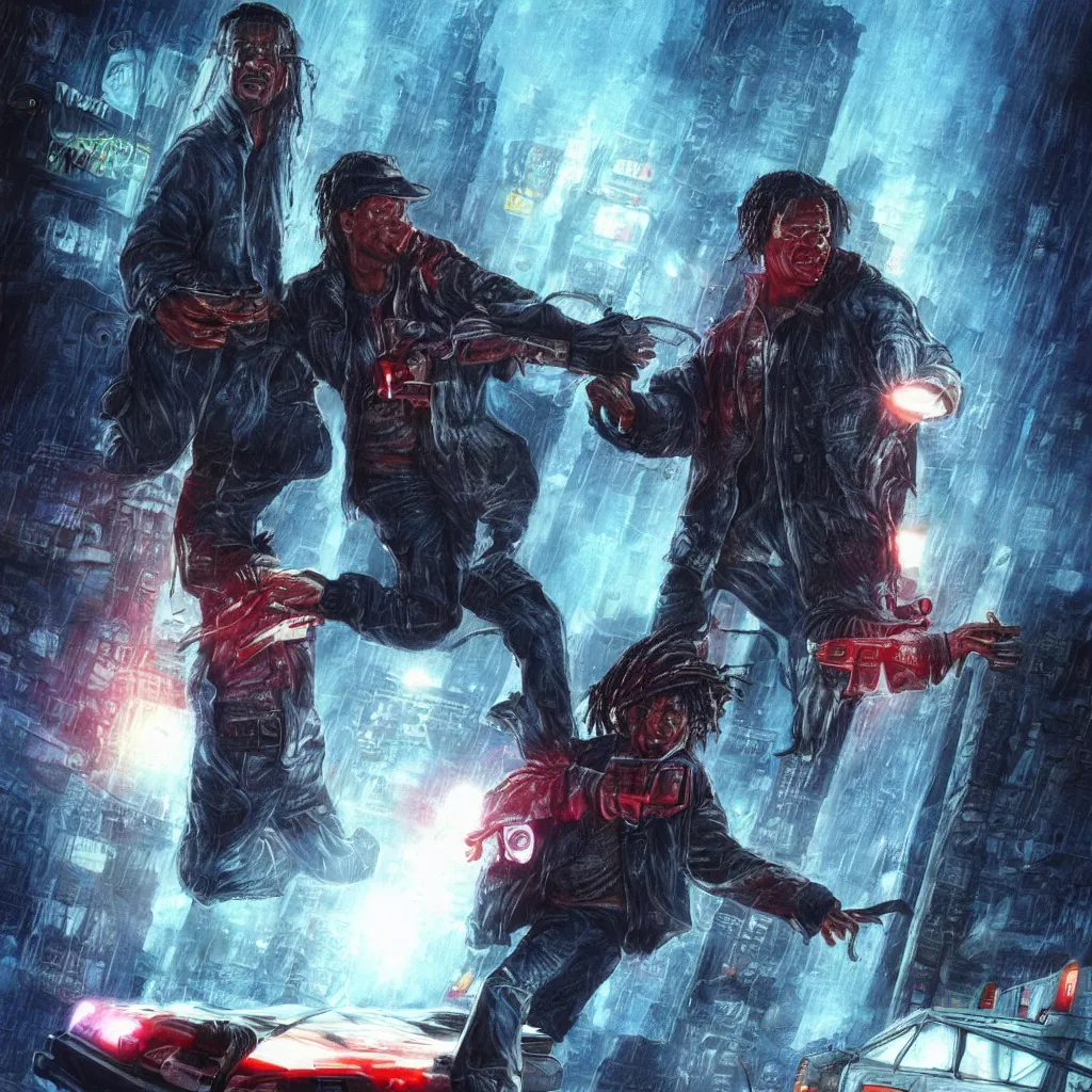 Prompt: marty mcfly and predator in a city blade runner style, photorealistic