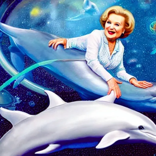 Image similar to betty white straddling a dolphin in space, 2 0 2 1 weta digital