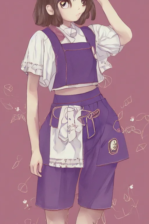 Image similar to Portrait of Eunha from Viviz and gFriend with short hair wearin purple overall shorts, short puffy pants, white tights, Golden Ribbon, and a billowy scarf. masterpiece 4k digital illustration, award winning, Artstation, intricate details, realistic, panoramic view, Hyperdetailed, 8k resolution