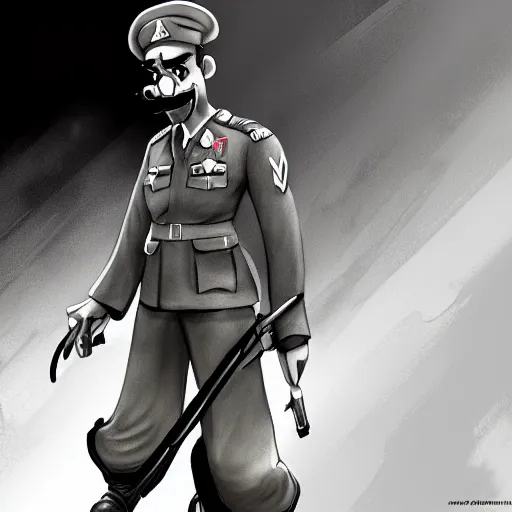 Prompt: waluigi as a nazi soldier during ww2, realistic, detailed, gloomy, elegant, uniform, strict, realistic, concept art, smooth, sharp focus, intricate details, 4K